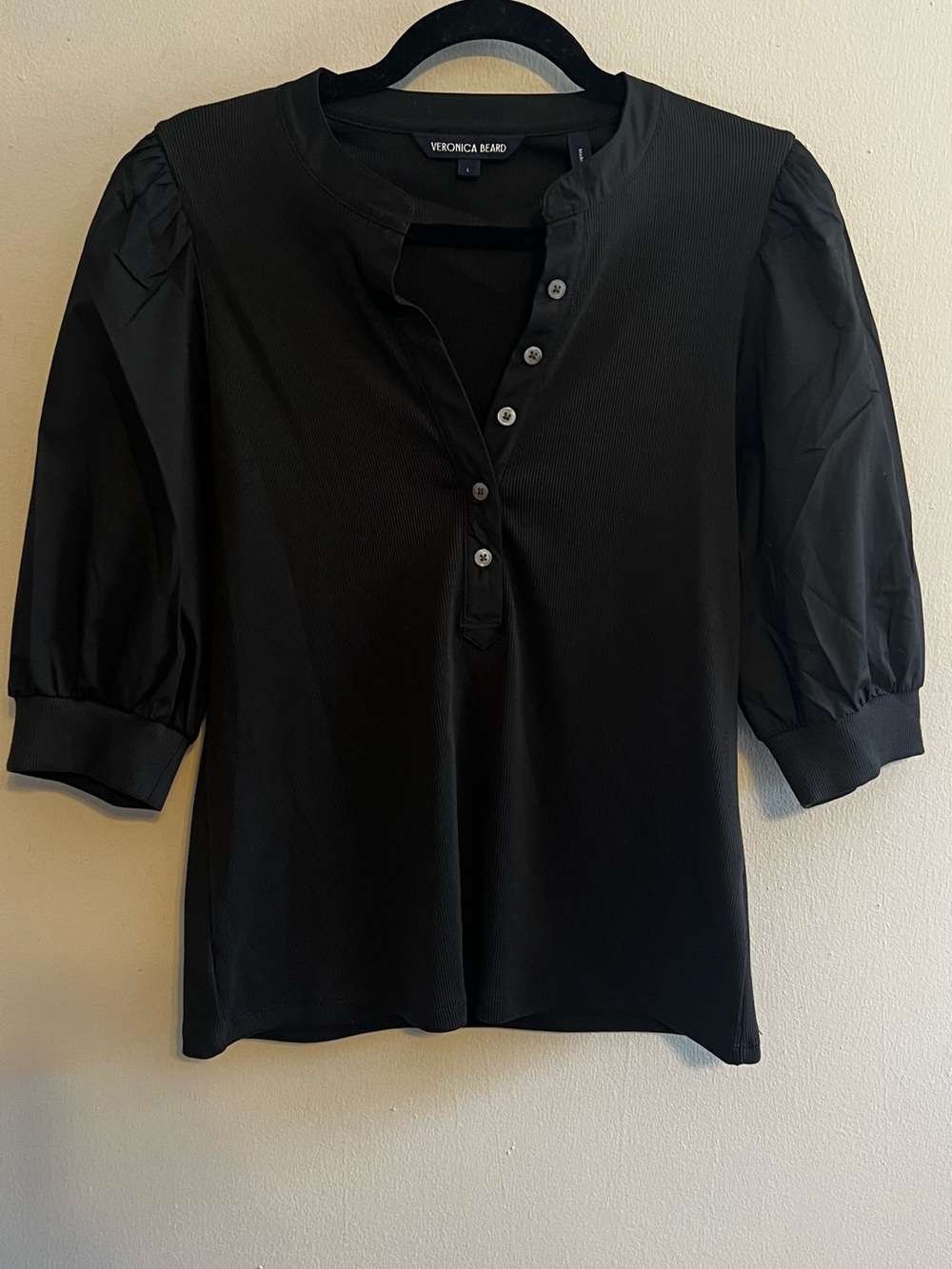 Veronica Beard Coralee Black Ribbed Puff Sleeve Henley Top Womens Size L